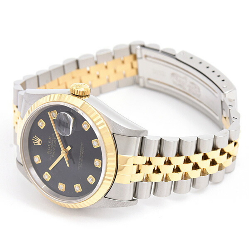 勞力士男士日誌型自動腕錶,鑲嵌10顆鑽石,W字樣,黑色錶盤,不銹鋼和黃金材質,型號:ROLEX 16233G-1