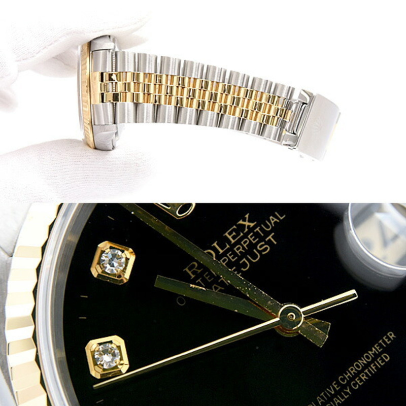 勞力士男士日誌型自動腕錶,鑲嵌10顆鑽石,W字樣,黑色錶盤,不銹鋼和黃金材質,型號:ROLEX 16233G-5