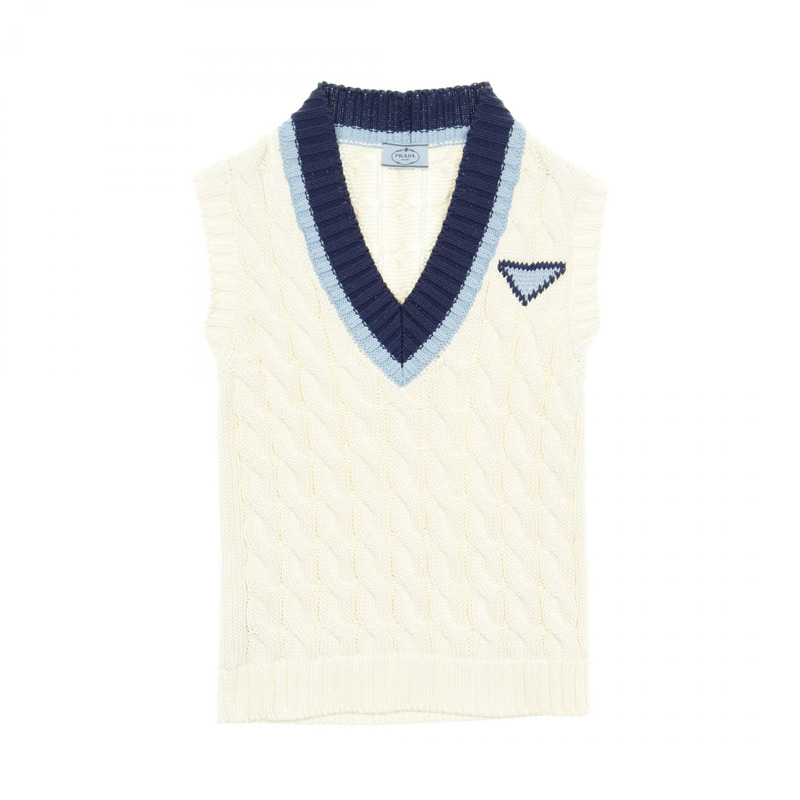 PRADA針織背心無袖上衣 P29837 棉 白色 藍色 二手 #38-0