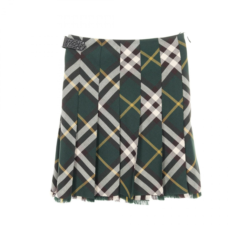 BURBERRY 褶襉格紋羊毛半身裙 綠色 二手 女款 #UK4-1