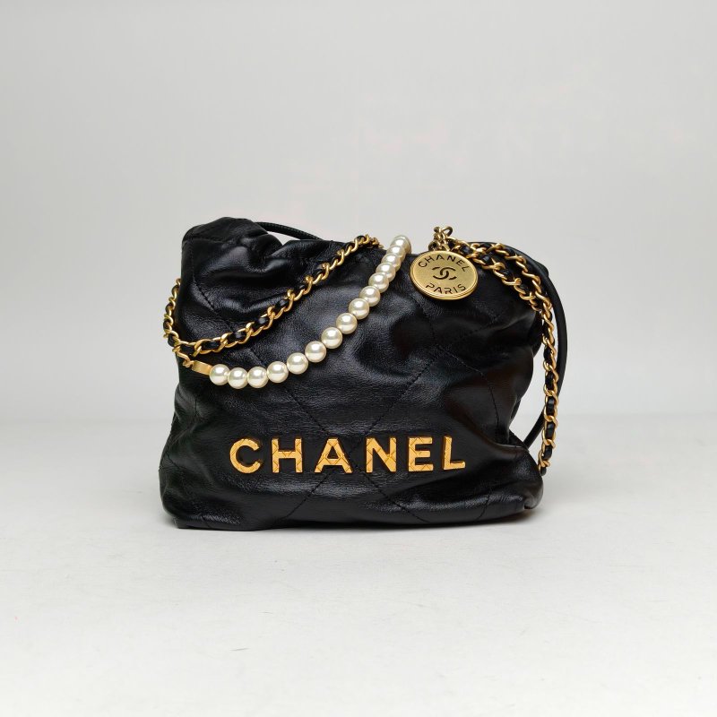 CHANEL 23S22BagTote托特包Mini20黑色牛皮晶片開金扣珍珠皮穿雙鏈肩背包-0
