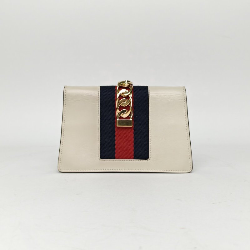 GUCCI Sylvie塞爾維亞絲帶包超Mini16.5白色牛皮金扣肩背包-2