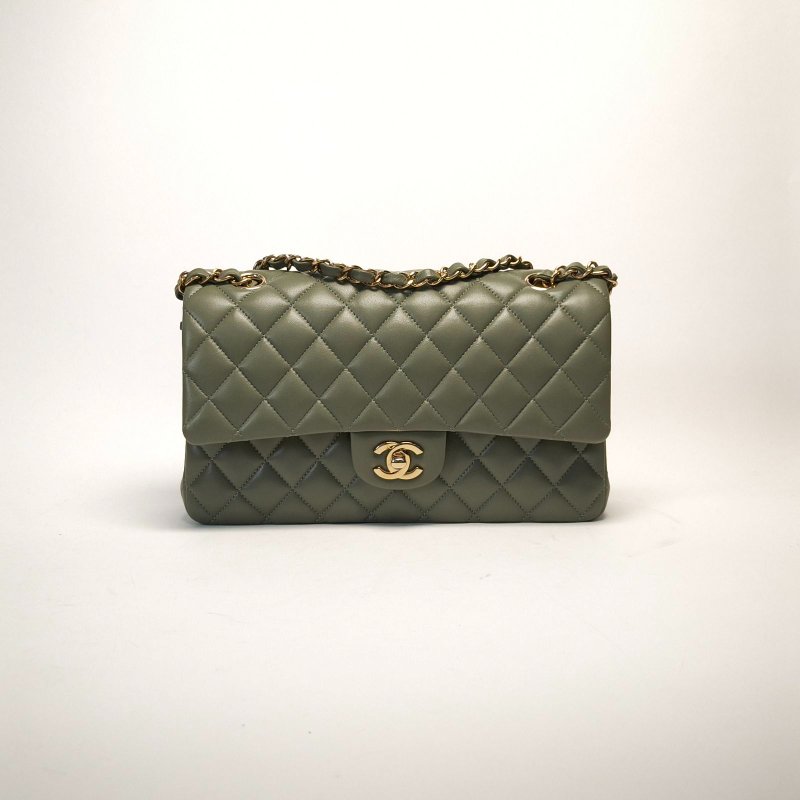 CHANEL CF口蓋包中號25.5綠色羊皮晶片開金扣肩背包-0