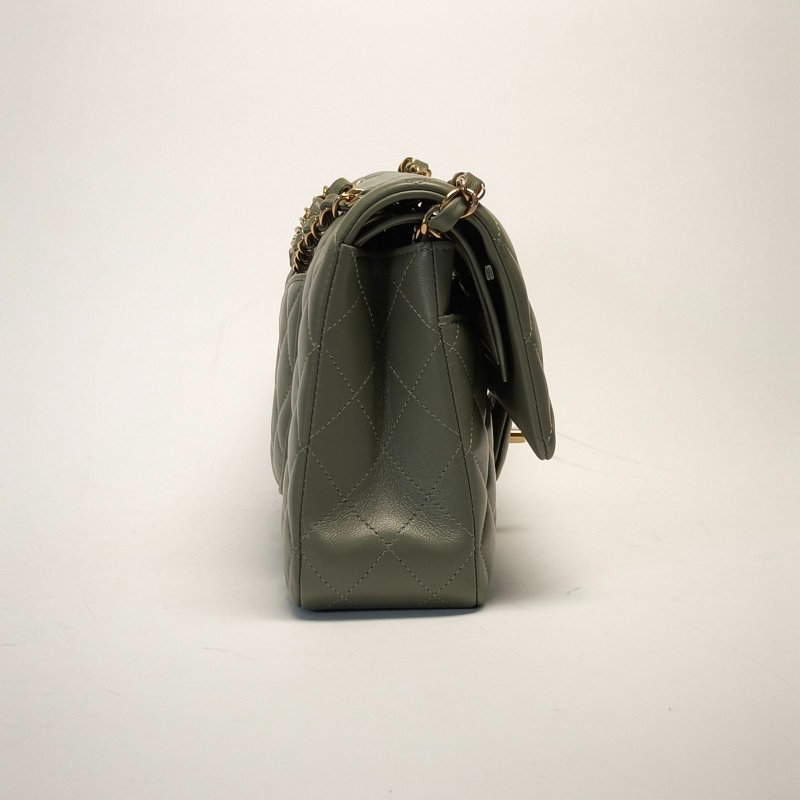 CHANEL CF口蓋包中號25.5綠色羊皮晶片開金扣肩背包-2