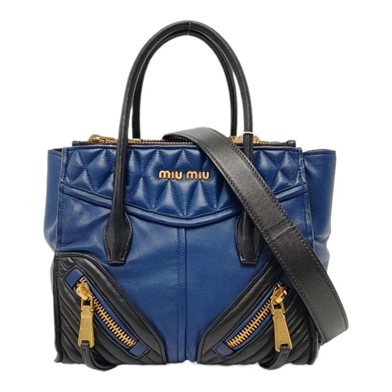 Miu Miu 托特包 藍色羊皮绗縫單肩包手提包 金色五金 可拆卸肩帶-0