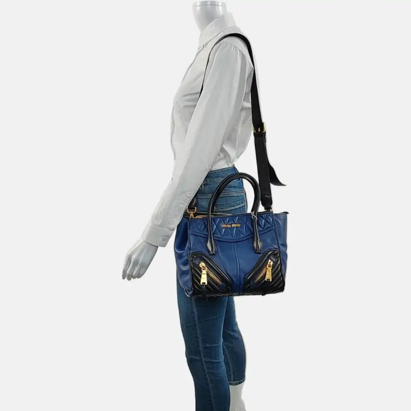 Miu Miu 托特包 藍色羊皮绗縫單肩包手提包 金色五金 可拆卸肩帶-1