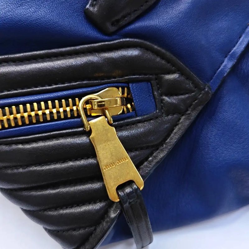 Miu Miu 托特包 藍色羊皮绗縫單肩包手提包 金色五金 可拆卸肩帶-9