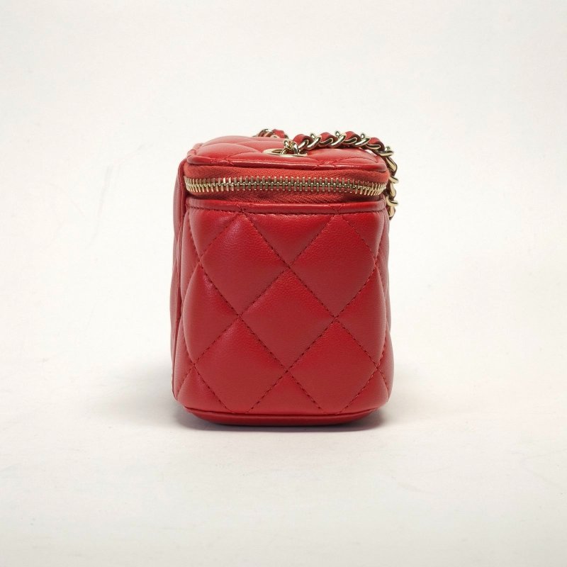 CHANEL 紅色羊皮30開金扣方盒子化妝包無鏡子10肩背包-2