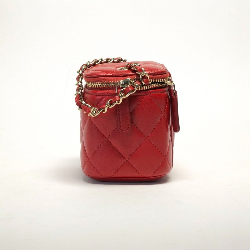 CHANEL 紅色羊皮30開金扣方盒子化妝包無鏡子10肩背包-3