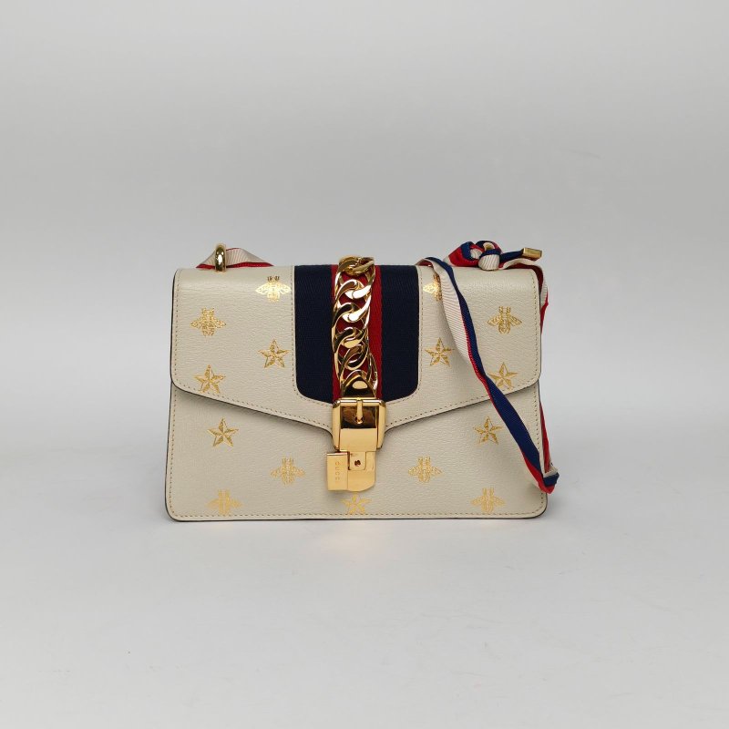 GUCCI Sylvie塞爾維亞絲帶包小號25.5蜜蜂星星燙金白色牛皮金扣肩背包-0