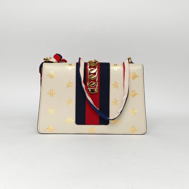 GUCCI Sylvie塞爾維亞絲帶包小號25.5蜜蜂星星燙金白色牛皮金扣肩背包-2
