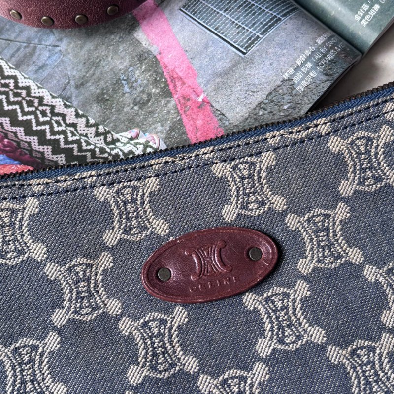 ::Celine:: 經典凱旋門 花紋單寧彎月包 斜背包 肩背包 hobo Pre-Owned 2010 Macadam Denim Crossbody-2