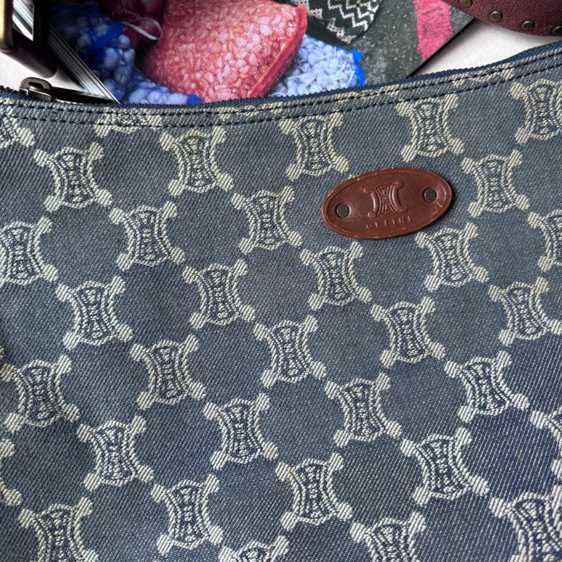 ::Celine:: 經典凱旋門 花紋單寧彎月包 斜背包 肩背包 hobo Pre-Owned 2010 Macadam Denim Crossbody-7