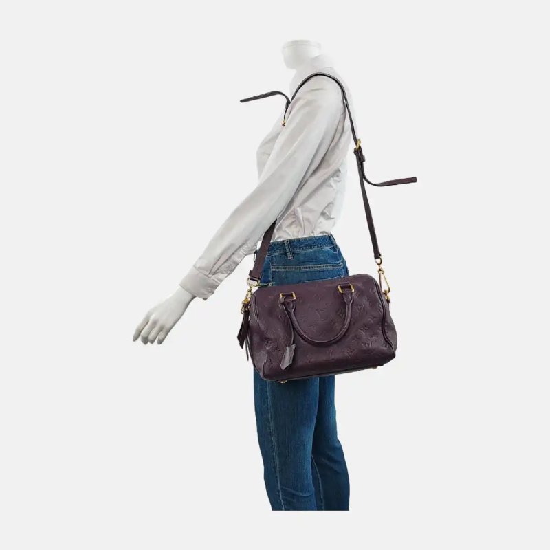 LOUIS VUITTON SPEEDY 25 深紫色牛皮老花壓紋波士頓包單肩包手提包斜挎包 金色五金 可拆卸肩帶-1