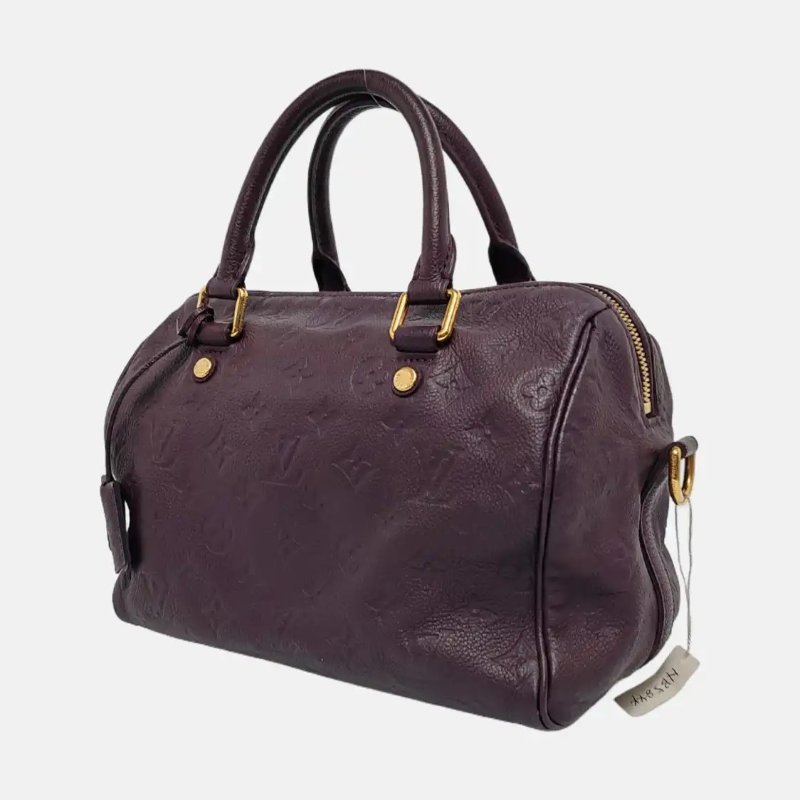 LOUIS VUITTON SPEEDY 25 深紫色牛皮老花壓紋波士頓包單肩包手提包斜挎包 金色五金 可拆卸肩帶-3