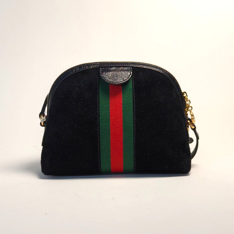 GUCCI Ophidia貝殼包小號23.5黑色麂皮金扣肩背包-1