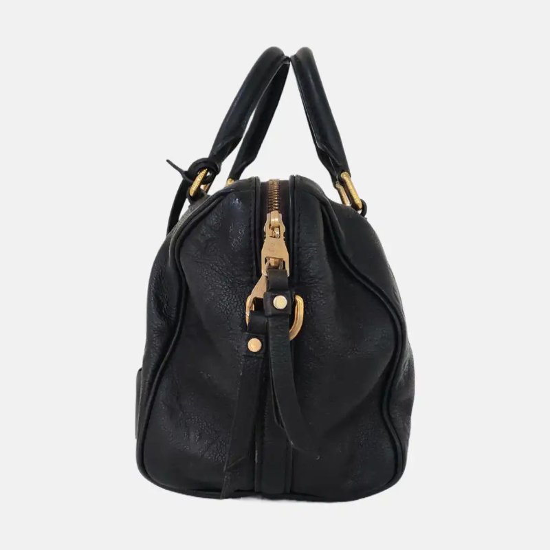 LOUIS VUITTON SPEEDY 25 黑色牛皮老花壓紋波士頓包手提包 金色五金-4