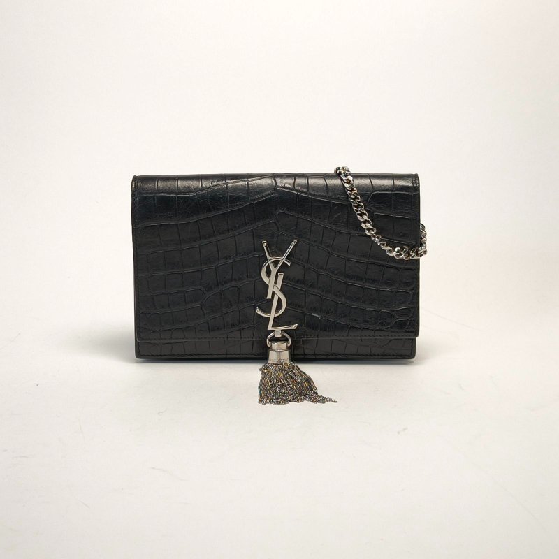SAINT LAURENT KATEWoc鱷魚壓紋流蘇黑色牛皮銀扣肩背包-0
