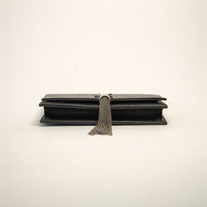 SAINT LAURENT KATEWoc鱷魚壓紋流蘇黑色牛皮銀扣肩背包-4