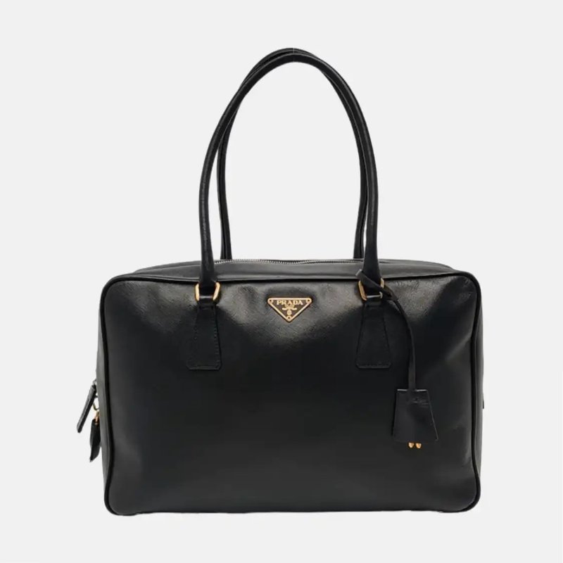 PRADA Bauletto Saffiano 黑色牛皮徽標手提包 肩背包-0