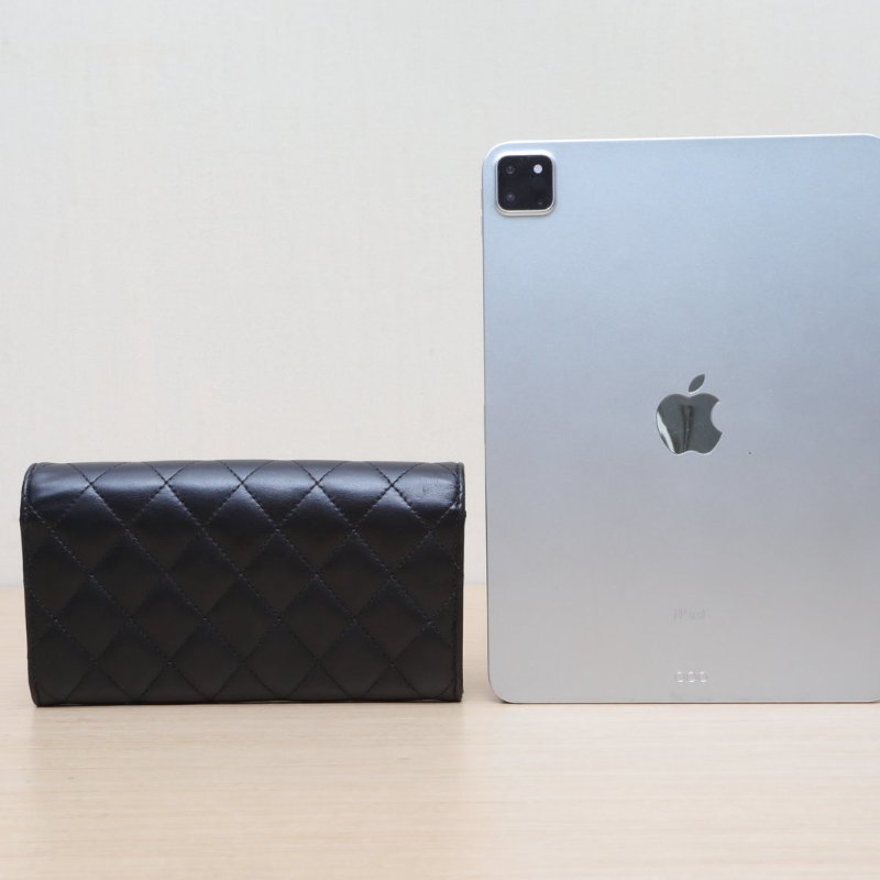 CHANEL CF長款三折口蓋錢包19.5黑色羊皮24開金扣肩背包-4