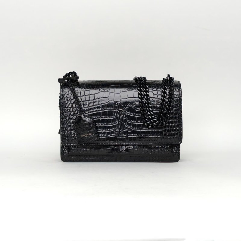 SAINT LAURENT SUNSET日落包中號22鱷魚壓紋黑色牛皮黑扣肩背包-0