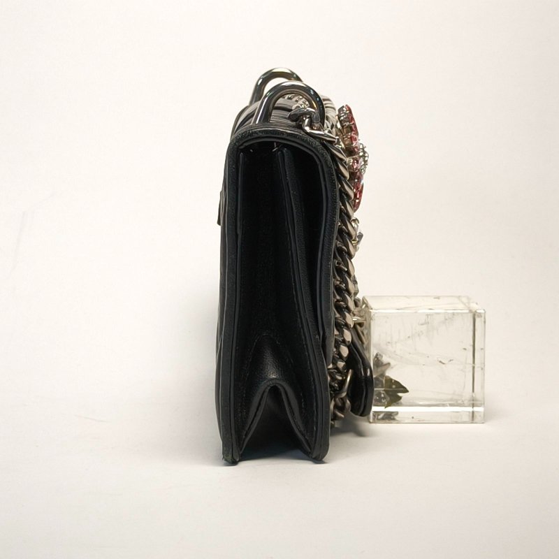 MIU MIU 黑色羊皮銀扣太陽花水鑽裝飾鏈條包肩背包-2