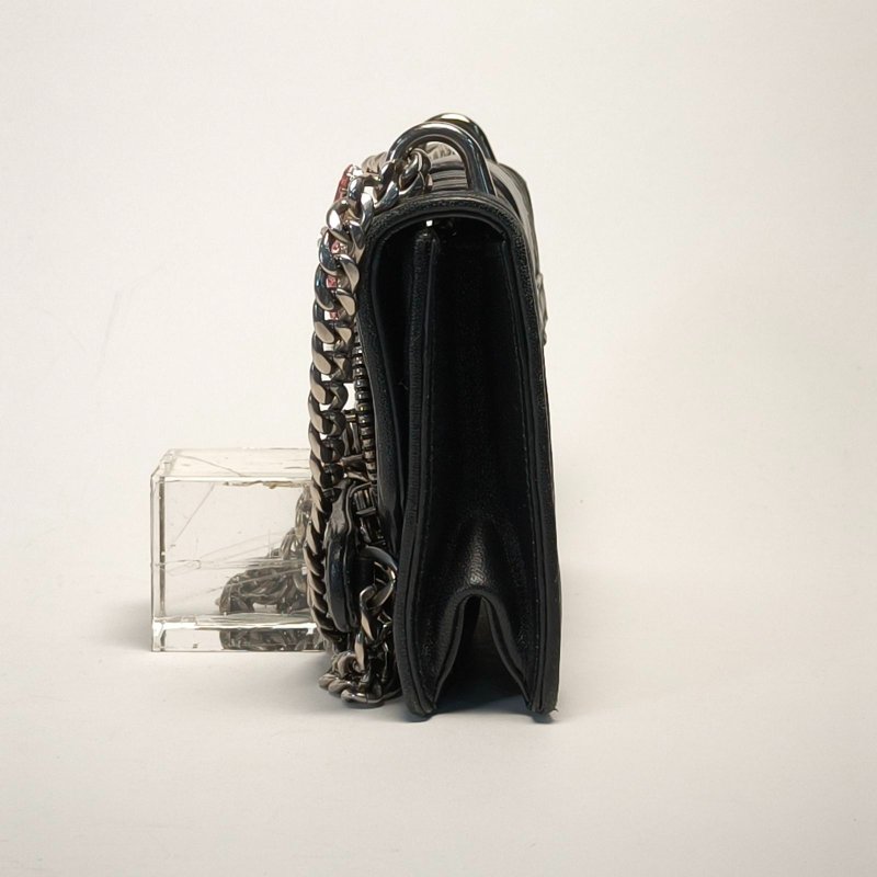 MIU MIU 黑色羊皮銀扣太陽花水鑽裝飾鏈條包肩背包-3