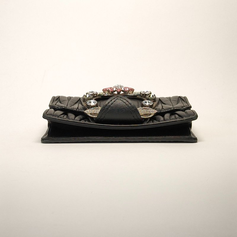 MIU MIU 黑色羊皮銀扣太陽花水鑽裝飾鏈條包肩背包-4