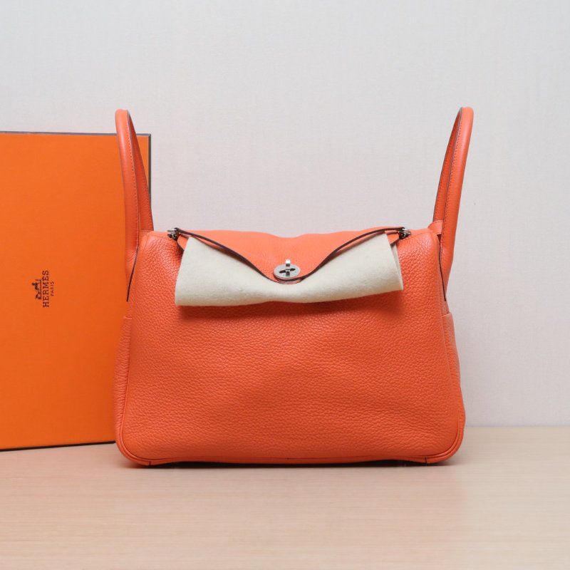 HERMES Lindy349J火焰橙TC皮框R銀扣肩背包-0