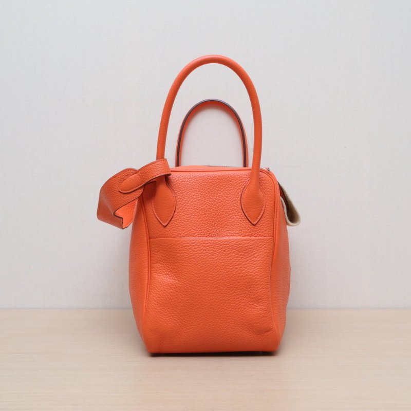 HERMES Lindy349J火焰橙TC皮框R銀扣肩背包-3