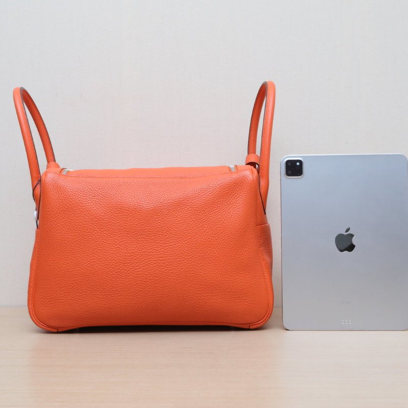 HERMES Lindy349J火焰橙TC皮框R銀扣肩背包-4