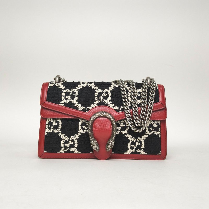 GUCCI 拼色牛皮毛呢銀扣Dionysus酒神中號28/肩背包-0