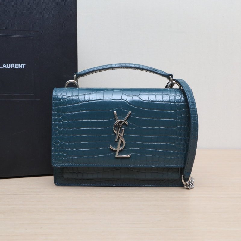 SAINT LAURENT SUNSET日落包配手柄小號19鱷魚壓紋綠色牛皮銀扣肩背包-0