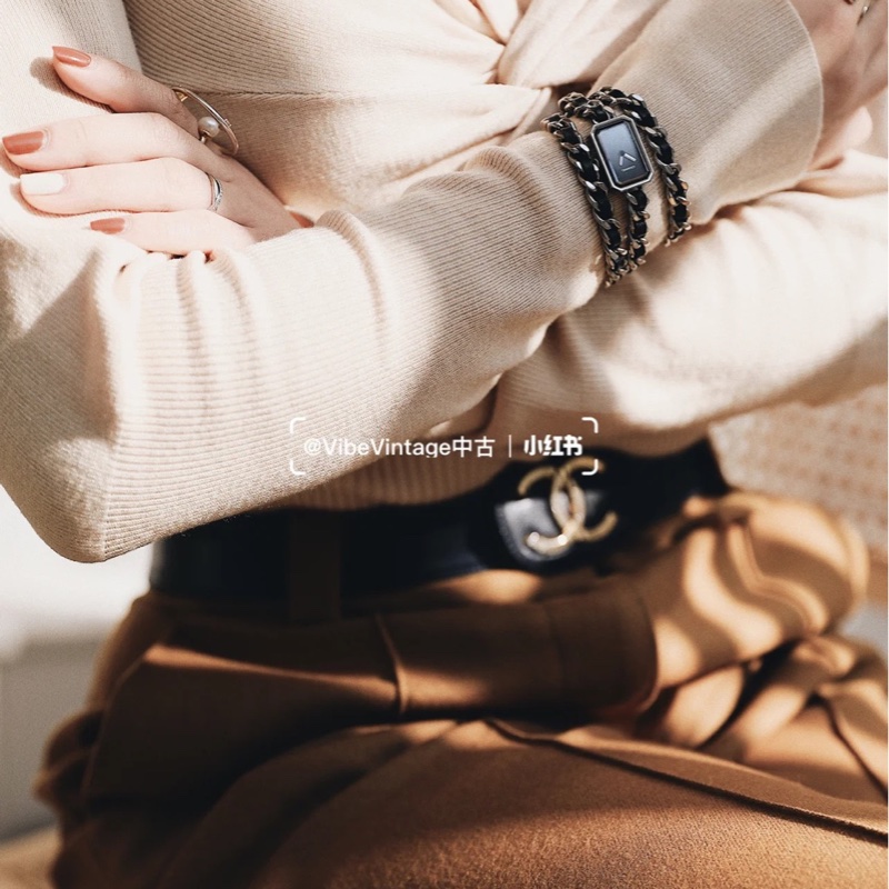 CHANEL 銀色皮穿鍊ICONIC CHAIN三圈首映錶-2