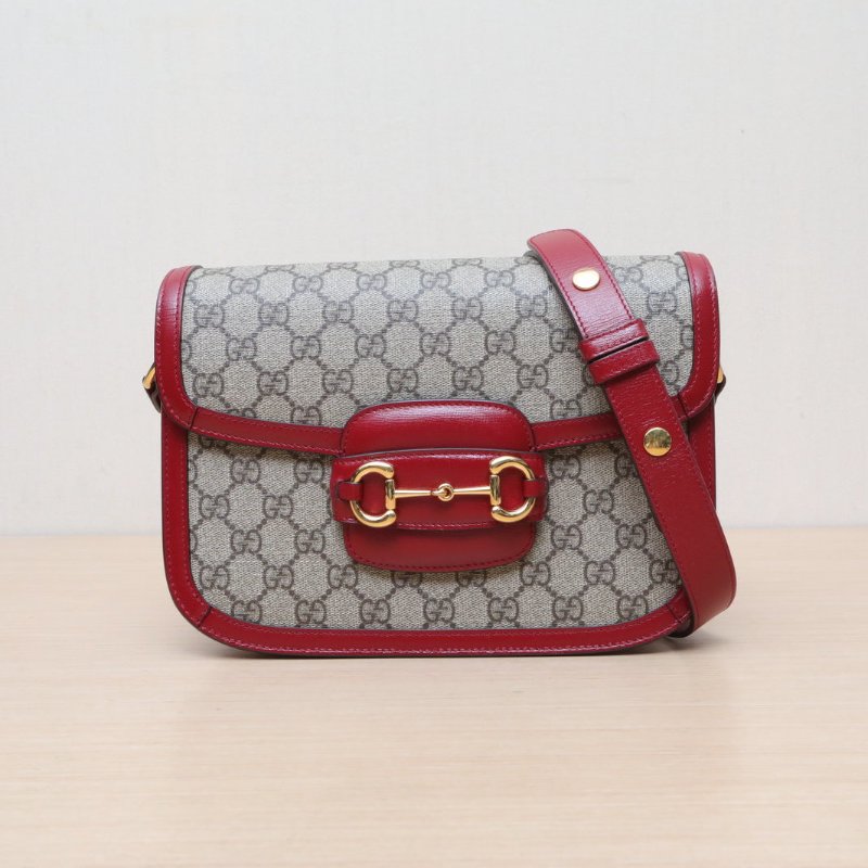GUCCI Horsebit馬銜扣1955馬鞍包小號25紅色帆布金扣肩背包-1