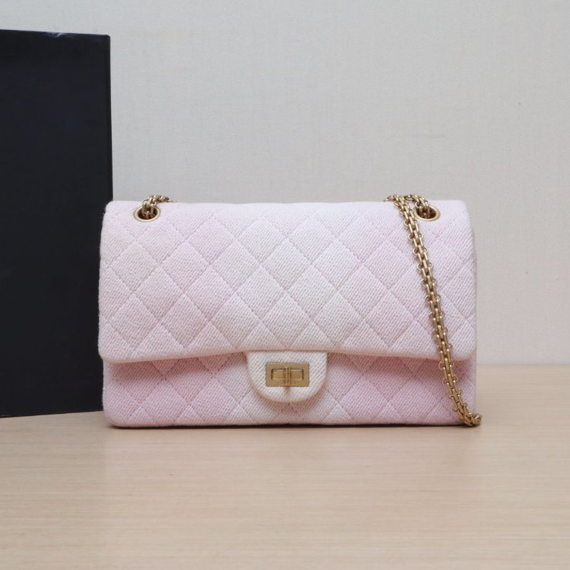 CHANEL 2.55口蓋包大號28粉色毛呢27開金扣肩背包-0