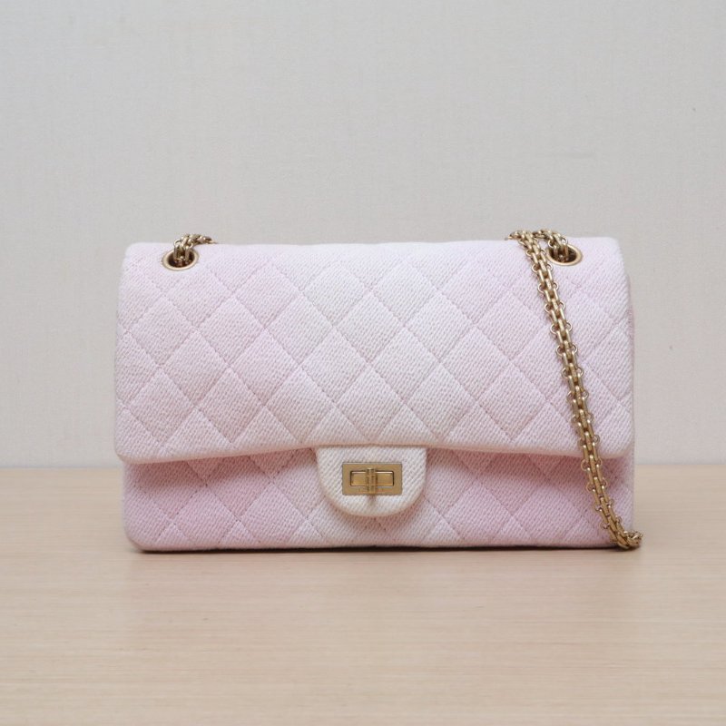 CHANEL 2.55口蓋包大號28粉色毛呢27開金扣肩背包-1