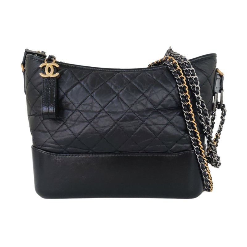 CHANEL GABRIELLE 中號 黑色牛皮菱格紋絎縫流浪包-0