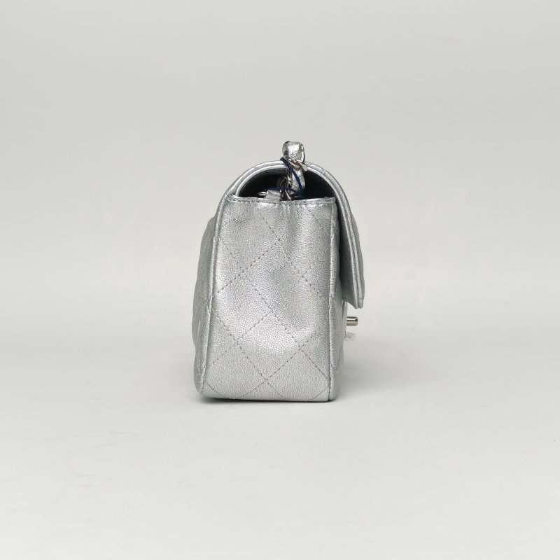 CHANEL CF口蓋包大Mini20銀色羊皮31開銀扣肩背包-3