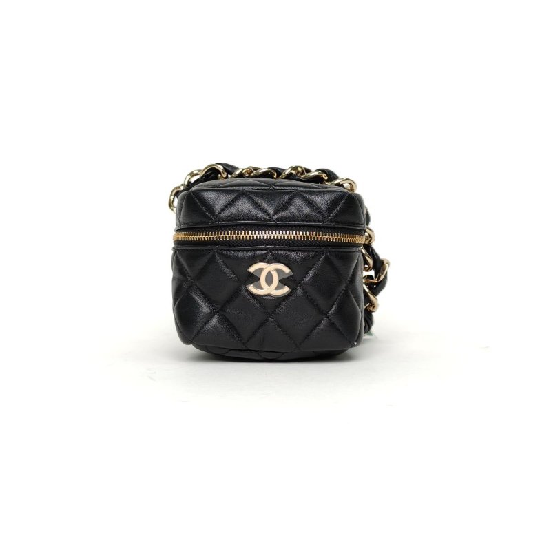 CHANEL 22S方盒子骰子包10.5黑色羊皮32開金扣皮穿鏈手柄肩背包-0