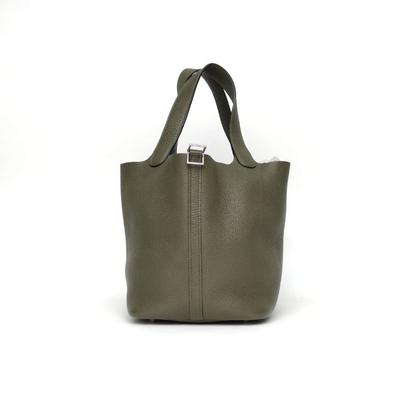 HERMES Picotin22菜籃子6H橄欖綠TC皮A刻銀扣肩背包-0