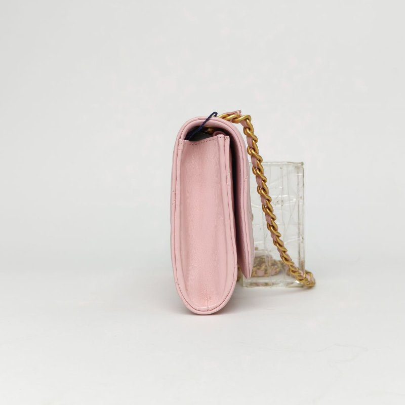 CHANEL 粉色牛皮鐳射標金扣22BCF金幣鏈條woc肩背包-3