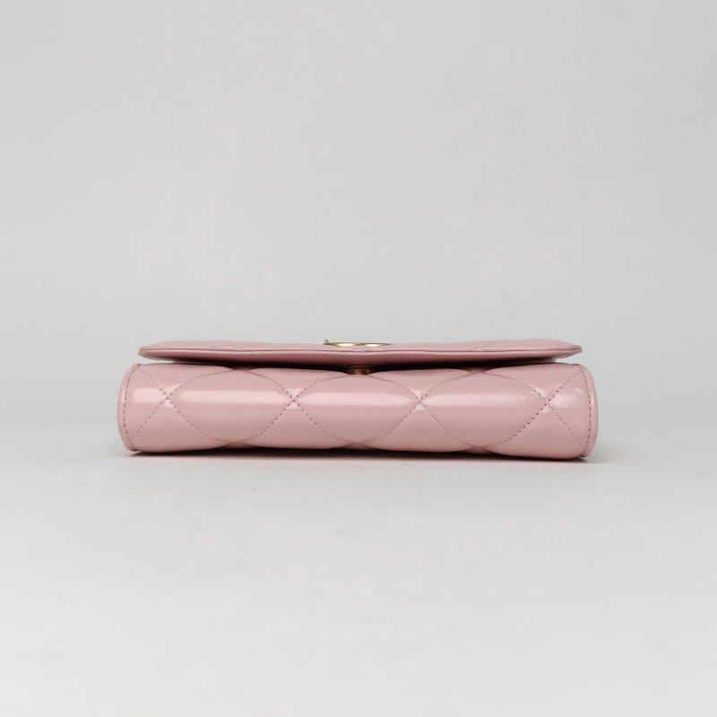 CHANEL 粉色牛皮鐳射標金扣22BCF金幣鏈條woc肩背包-4