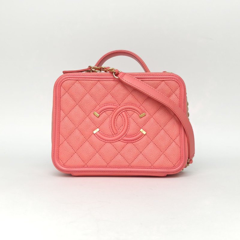 CHANEL VanityCase相機包橫版配手柄中號21粉色荔枝牛皮24開金扣肩背包-0