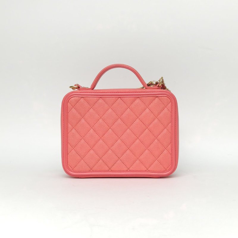 CHANEL VanityCase相機包橫版配手柄中號21粉色荔枝牛皮24開金扣肩背包-1