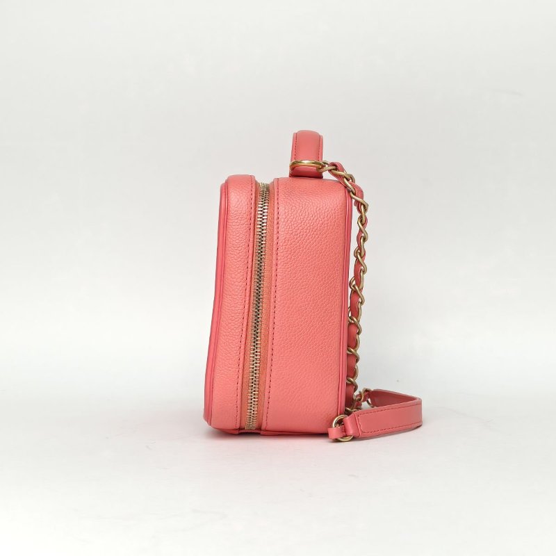 CHANEL VanityCase相機包橫版配手柄中號21粉色荔枝牛皮24開金扣肩背包-2