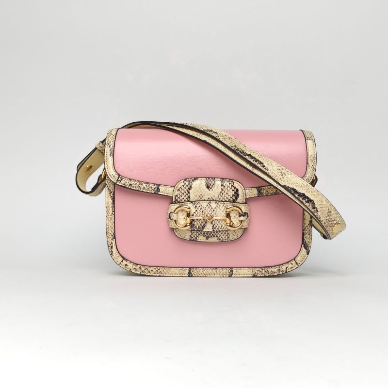 GUCCI 粉色牛皮蛇皮金扣Gucci1955馬銜扣/肩背包-0