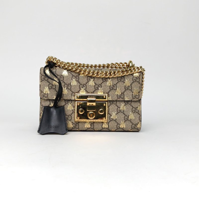 GUCCI Padlock鎖頭包小號20.5蜜蜂印花老花PVC金扣肩背包-0