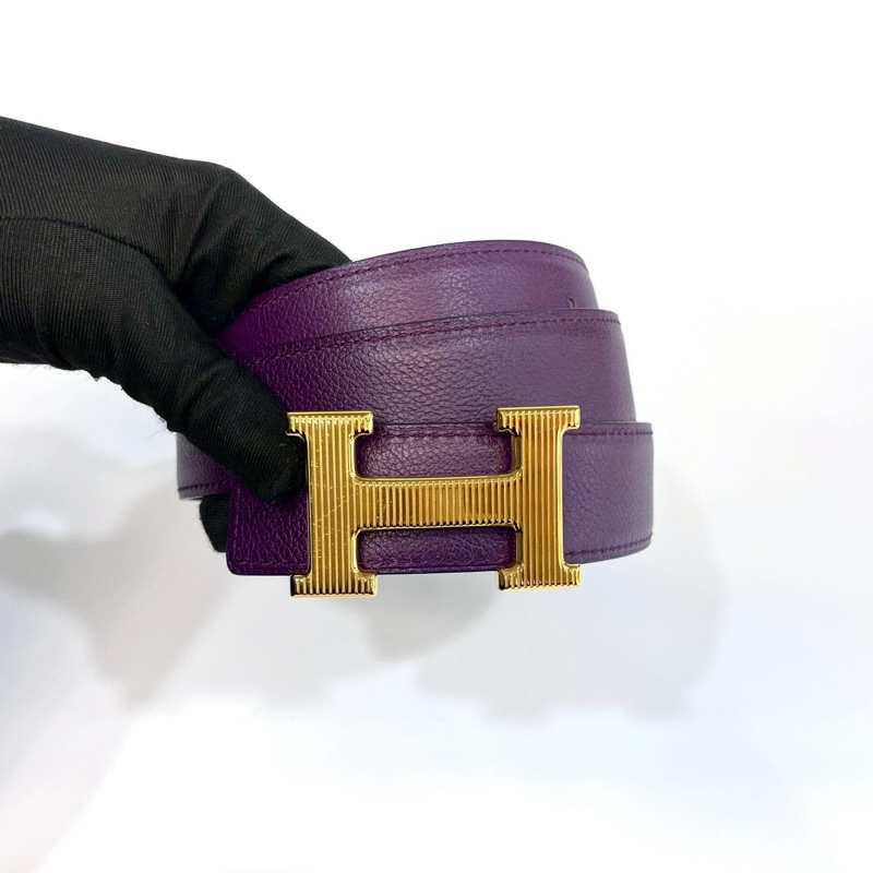 HERMES 59葡萄紫Togo皮內拚Box皮H Strie金釦皮帶-0
